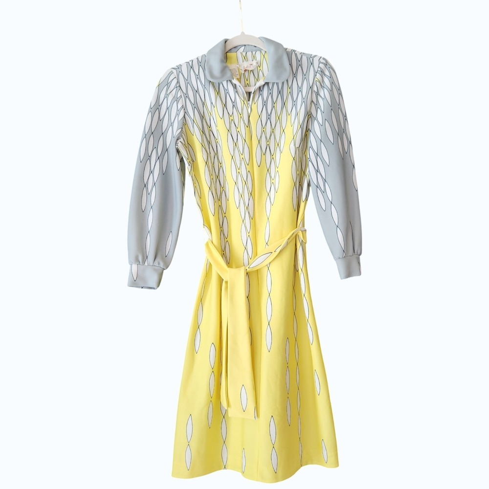 Vintage 70s/80s Leslie Fay Geometric Abstract Dress M Long‎ Sleeve Belt Yellow